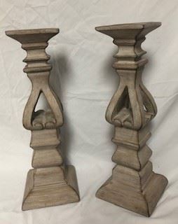 Wood hand carved candlestick (flat top) set. Light distressed ash. 