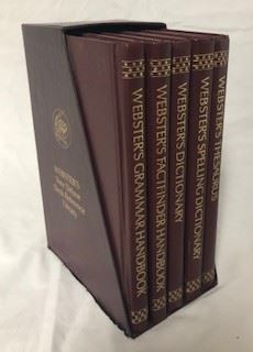 Pocket Webster's leather bound set in faux leather case. Grammar, Fact Finder, Dictionary and Thesaurus