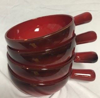 Italian ceramic soup/cereal bowls (black eyed peas, too). Some small surface chips, but lovely glazed ceramic dark red finish and sturdy handles. Set of 4. 