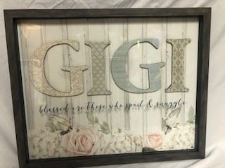 Box framed glass "GIGI" wall art, soft, gentle and loving colors just like Gigi herself. 