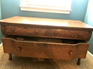 Antique solid oak Lowboy chest. 2 smaller drawers, one large one. 45"W X 22"D X 24"H