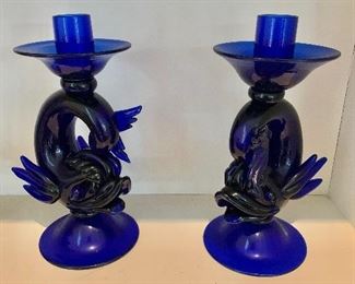 Cobalt dolphin candle holders