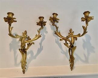 PAIR OF BRASS LOUIS XV STYLE 3 CANDLE WALL SCONCES