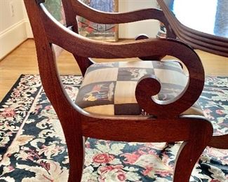Pair of scrolled arm dining chairs with custom Chinoiserie fabric