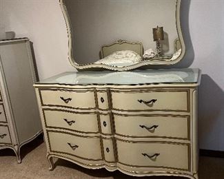 Drexel French Provincial six drawer dresser and mirror 
With custom glass tops to protect the finish