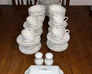 Eight  7 pc place settings" Ariana" by Gorham Casual China. 
A place setting consists of a dinner plate, salad plate, bread and butter plate, soup/cereal bowl , cup and saucer and fruit bowls.  Also included in set is a covered butter and salt and pepper shakers.  Other hostess pieces priced separately.