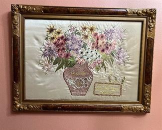 Silk Embroidery in gilt frame