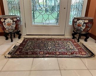 Pair of Imari Style Fish Bowls and exquisite Hereke Silk Rug 53.5" by 29" with certificate of origin