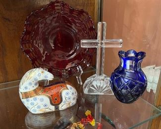 Royal Crown Derby Horse, Waterford Marquis Cross, cobalt vase Ruby lattice bowl