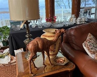 Leather camel , stiffel brass lamp, large urn 