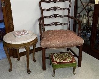 Vintage Ribbon back chair with French Provincial marble top accent table