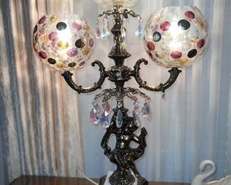 Amazing ornate pair of lamps  with cherub base and Czech coin dot globes 