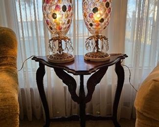 Amazing ornate pair of lamps  with Czech coin dot globes 