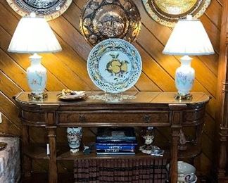 Lenox lamps, Thomasville console table, copper trays and plaques.  