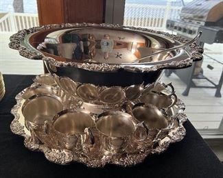 Silver Plate punch bowl, 12 cups, ladle and underplate tray