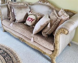 * $975 EACH
ITALIAN STYLE UPHOLSTERED WOOD FRAME BEIGE SOFA WITH DECORATIVE PILLOWS-2 AVAILABLE 
94”L x 38”D x 44”H