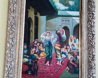 * $450
ORNATE FRAME PAINTING 
MIDDLE EASTERN DANCING LADIES OIL ON CANVAS PAINTING BY “R. PACINI”
37.5”W x 49.5”L x 3”