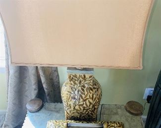 * $225 SET
DECORATIVE YELLOW LEAVES 3 PIECE SET FROM NEIMAN MARCUS 
LAMP, LARGE PLATE AND SMALL LIDED BOX
LAMP 35”H
