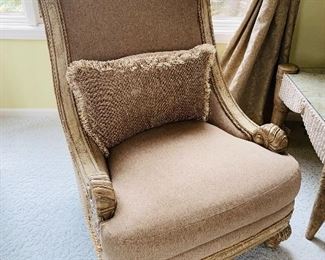 * $800 PAIR 
BEIGE UPHOLSTERED WOOD FRAME ARMCHAIR -2 AVAILABLE 
32”W x 31”D x 42”H