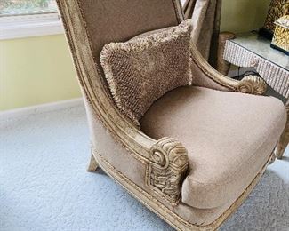 * $800 PAIR 
BEIGE UPHOLSTERED WOOD FRAME ARMCHAIR -2 AVAILABLE 
32”W x 31”D x 42”H