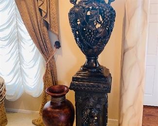* $525
LARGE ORNATE BROWN URN GRAPES DETAIL WITH STAND - PLASTER
18.5”L x 18.5”D x 84”H 