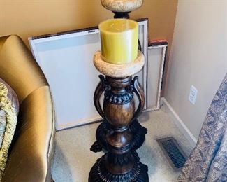 * $140 PAIR 
2 LARGE BROWN CANDLE HOLDERS WITH CANDLES
1. 18.5”D x 40”H
2. 18.5”D x 34.5”