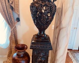 * $525
LARGE ORNATE BROWN URN GRAPES DETAIL WITH STAND - PLASTER
18.5”L x 18.5”D x 84”H 