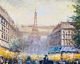 $600
GOLD ORNATE FRAME OIL ON CANVAS FRENCH STREET SCENE WITH EIFFEL TOWEL
SIGNED “ HANSON”
48”L x 36”H x 3.5”D
