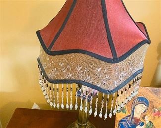 $120 EACH
2 BURGUNDY LAMPS WITH HANGING BEADS BY DALE LIGHTING
29”H