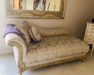 $400
BEIGE FLORAL TUFTED CHAISE LOUNGE WITH DECORATIVE PILLOWS 
70”L x 36.5”W x 35”H 