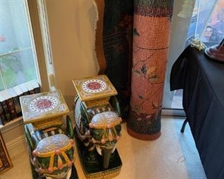 Chinese Nichols rug, pair of ceramic Elephant stands. 