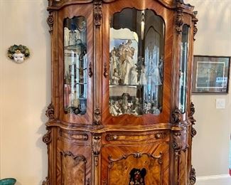One-Of-A-Kind MAGNIFICENT VENETIAN Inlaid & Carved Wood BREAKFRONT.  Bowed Glass Doors, Glass & Wood Shelves, Mirrored Back, and Display Lights Above.  Handmade in ITALY ~ MAGGIOLINI COLLECTION