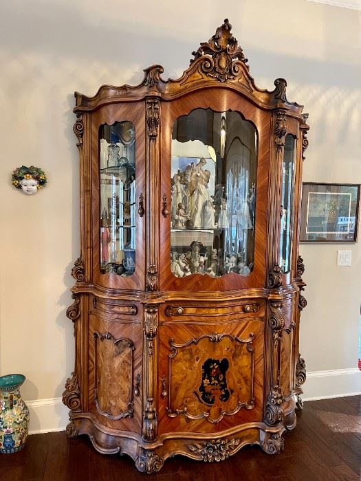 One-Of-A-Kind MAGNIFICENT VENETIAN Inlaid & Carved Wood BREAKFRONT.  Bowed Glass Doors, Glass & Wood Shelves, Mirrored Back, and Display Lights Above.  Handmade in ITALY ~ MAGGIOLINI COLLECTION