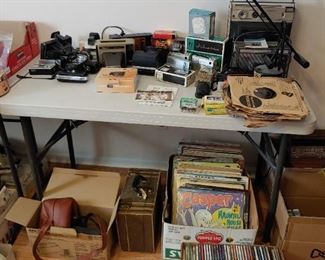 vintage cameras, records, radios