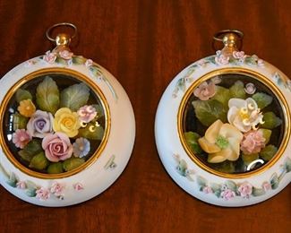 porcelain case and flowers under domed glass (set of two)