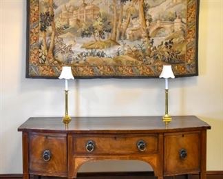 English antique sideboard with wine drawer, tapestry, lamps