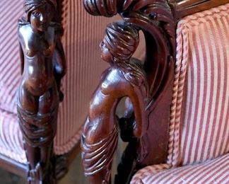 Heart-shaped back pair of chairs, Frame in great condition. Sold as-is. (arm detail)