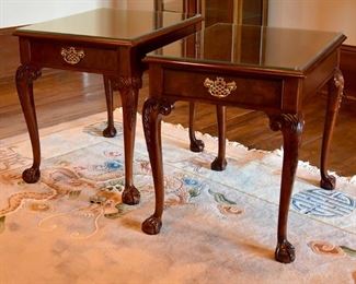 Baker claw-footed end table, glass top (2/pair)