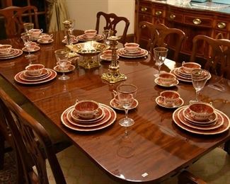 Meriden House Group by Drexel Dining room table and 8 dining chairs, extra leaves not shown.  Set with Aynsley china.
