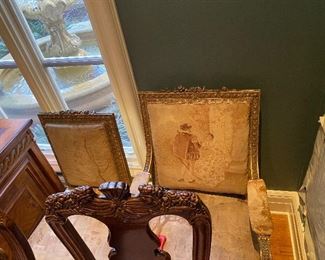 Two chairs that are part of the Aubusson parlor set
