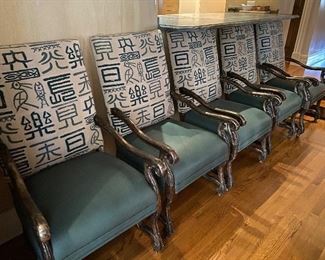 Set of 8 dining chairs, all arms.  Fabric from Clarence House.