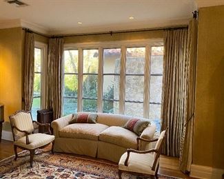 Beautiful low back sofa and side chairs, drapes also for sale.