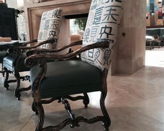 Dining chairs with Clarence House fabric.