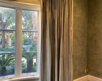 Bedroom gold and grey silk striped drapes. 10' L.  Wider set in this window.