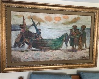 Signed Indonesian fishing scene. Oil on canvas. This piece is in Covington. Can be seen next week.