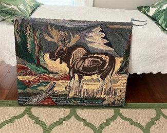 Marvelous old moose scene hooked rug. Great Americana!