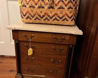 Wonderful small bedside chest. Mississippi Choctaw lidded basket.
