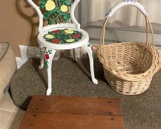 CHILD'S METAL CHAIR. HANDCRAFTED FOOTREST. BASKET