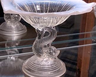 NORTHWOOD OPALESCENT COMPOTE OR CALLING CARD RECEIVER ON CLEAR GLASS DOLPHIN BASE. GORGEOUS!!