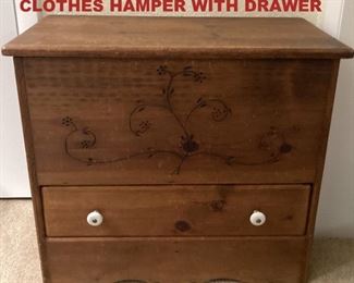 HAND CRAFTED WOODEN CLOTHES HAMPER WITH DRAWER. COULD ALSO BE USED IN THE KITCHEN FOR POTATOES AND ONIONS, ETC